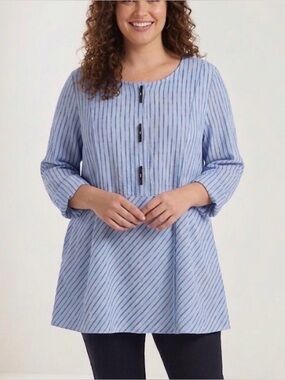 Ali Miles Blue & Black Striped Seersucker Lagenlook‎ Tunic Top Size Large